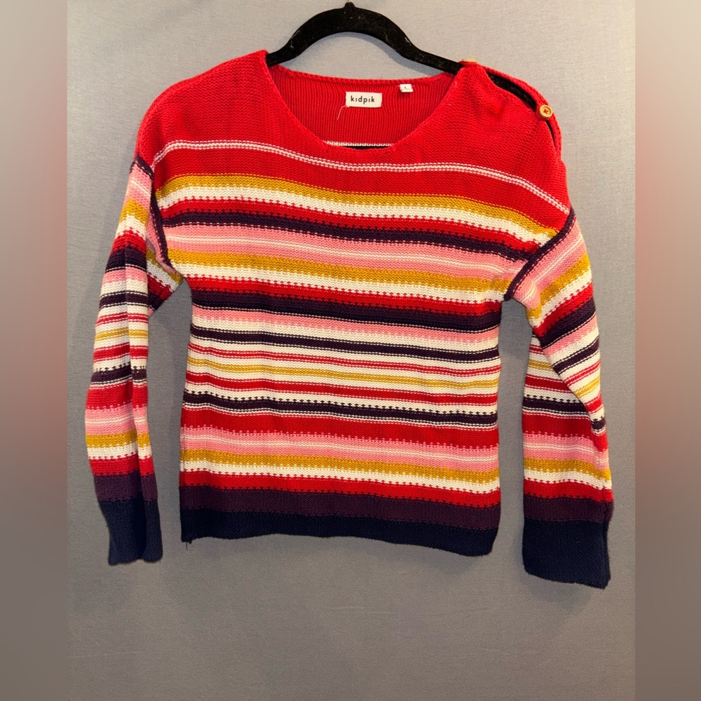 Kidpik knit sweater size large girls stripes button detail on the shoulder